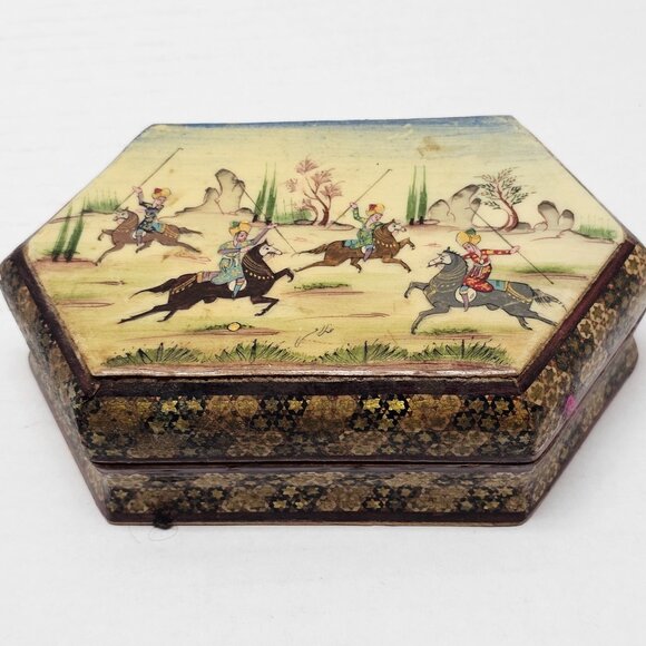 Vintage Persian Khatam Jewelry Trinket Storage Box Scene Battle Painting Warrior - Picture 1 of 16